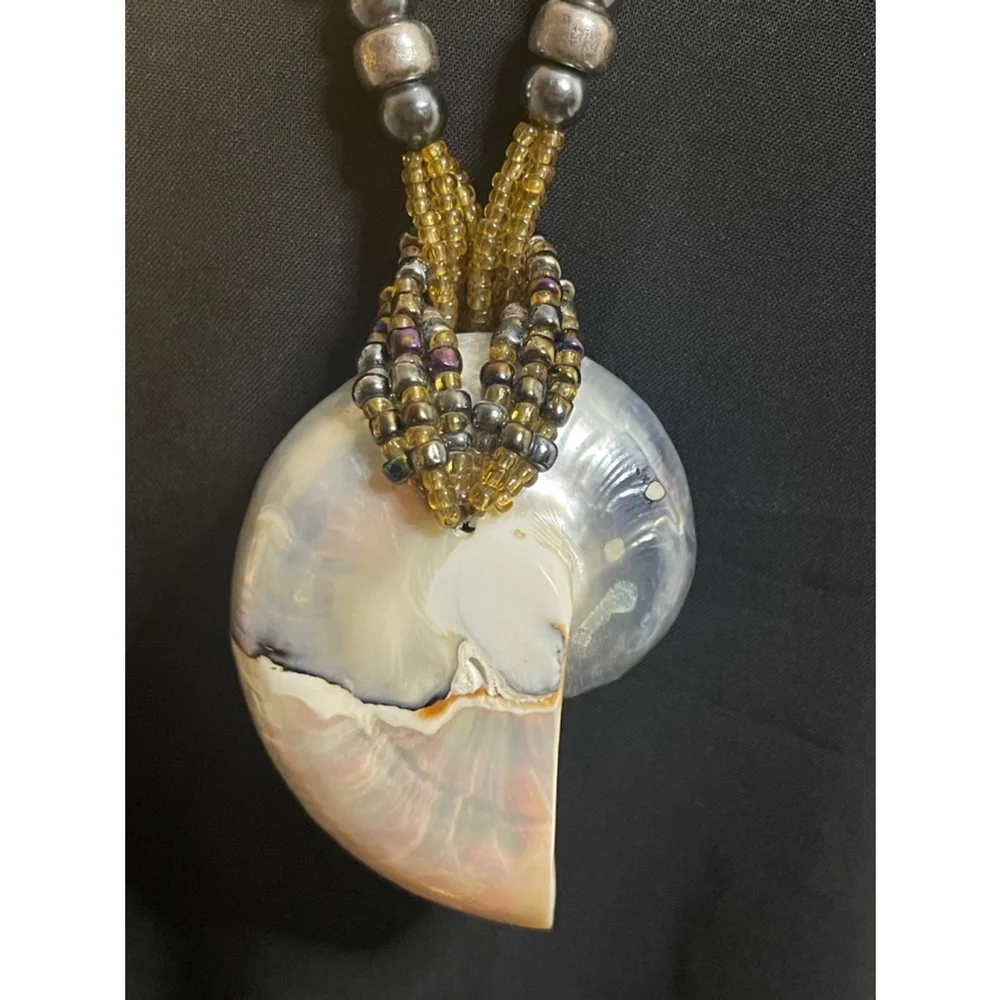 Large Boho Nautilus shell pendant Statement Necklace braided bead strands Beach - Picture 2 of 10